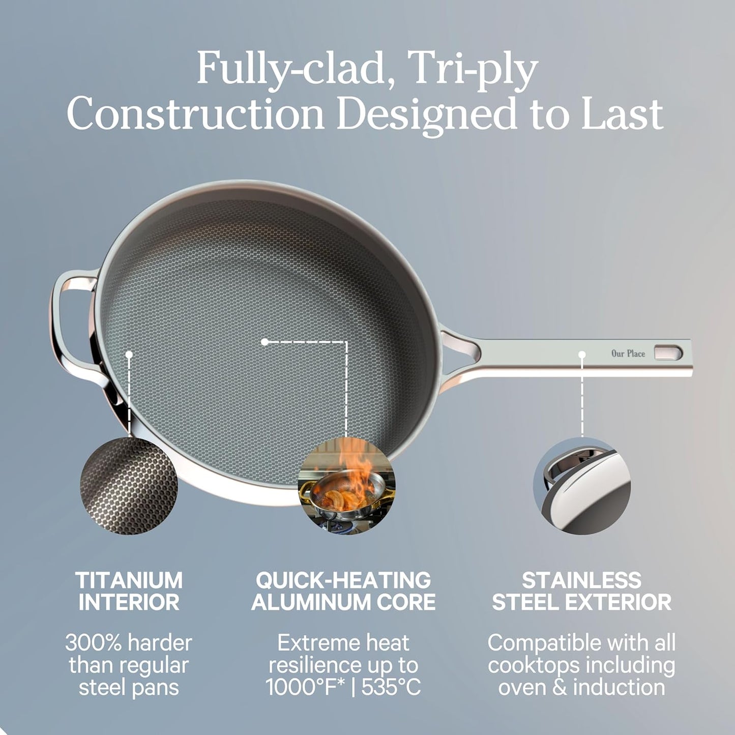 Our Place Titanium Always Pan Pro - 10.6” (2.8 Qt) No-Coating Nonstick Skillet | Tri-Ply Titanium & Stainless Steel | Safe for Oven, Induction & All Cooktops up to 1000°F | Includes Spatula | Chrome