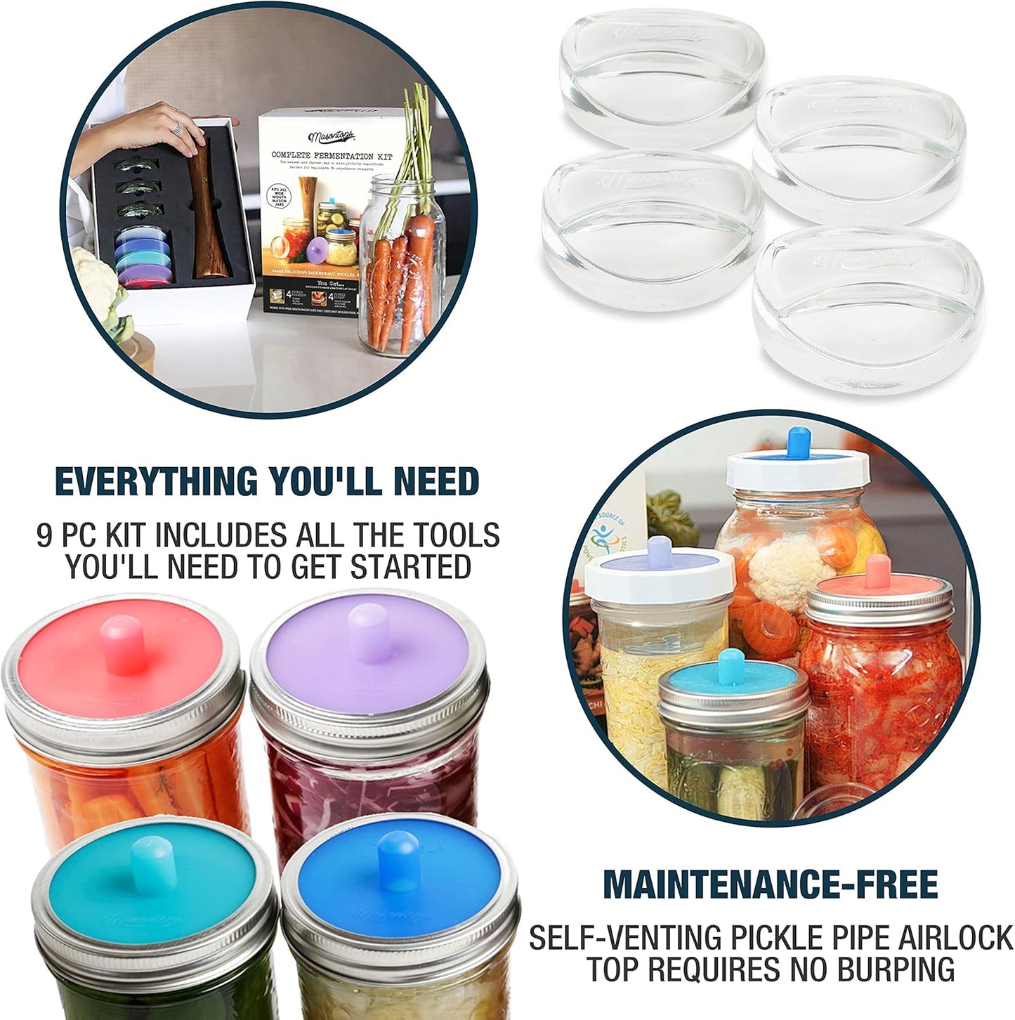 Masontops Complete Mason Jar Fermentation Kit - Easy Small/Regular Mouth Jars Vegetable Fermenting Set - DIY Equipment Essentials