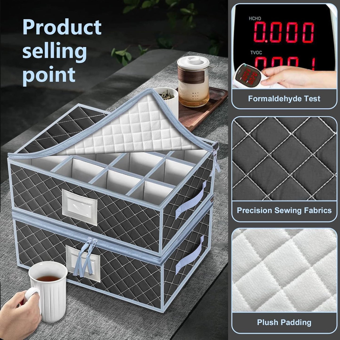 VERONLY China Dinnerware Storage Containers Set- Dish,Mug,Stemware Storage Cases - Quilted Box Bins Stackable with Divider,handles,Clear Window for Cups,Plates,Wine Glasses Moving Set of 6 (Grey