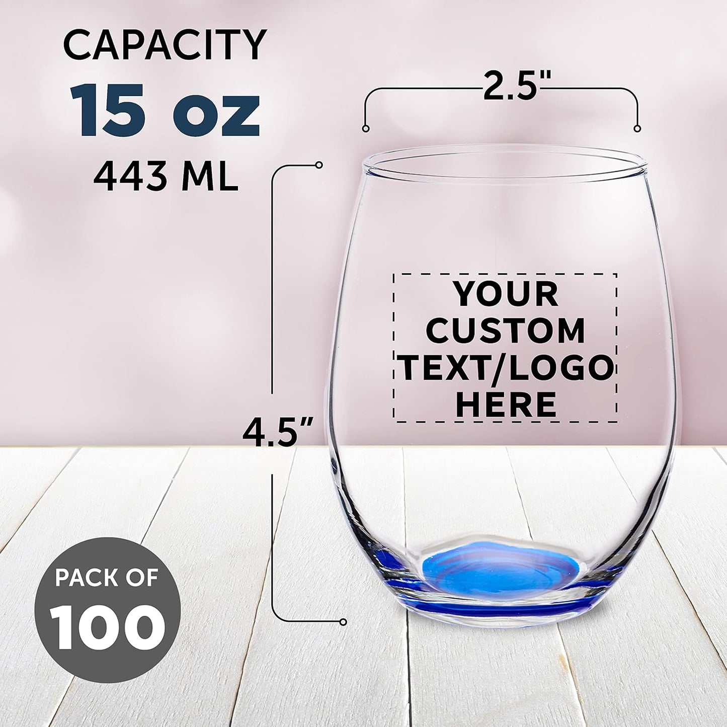Custom Stemless Wine Glasses in Bulk by ARC Perfection, 15 oz, 100 pack, Personalized Text, Logo, Red or White Wine Glass Set, Blue