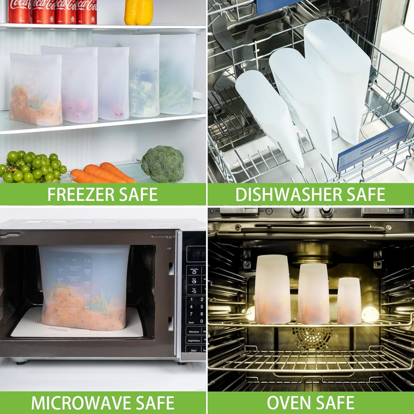 Reusable Storage Bags, Large-Size Set, 12 Pack 100% Silicone Food Storage Bags Stand Up Zip Lock Bags for Food, Freezer Microwave Oven Dishwasher Safe, 4 XL-0.8 Gallon + 4 L + 4 M, Translucent