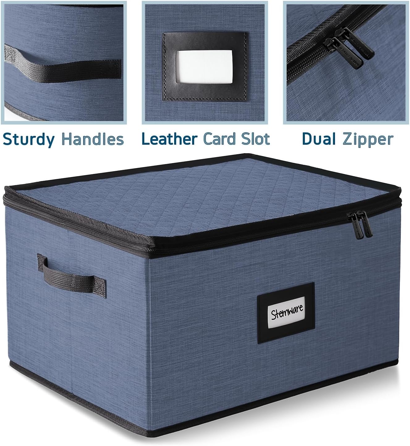 Hearth & Harbor Wine Glass Storage Box with Dividers, Quilted and Stackable Stemware Storage Cases, Service of 12 Glass China Container Hard Shell for Moving and Organization, Blue