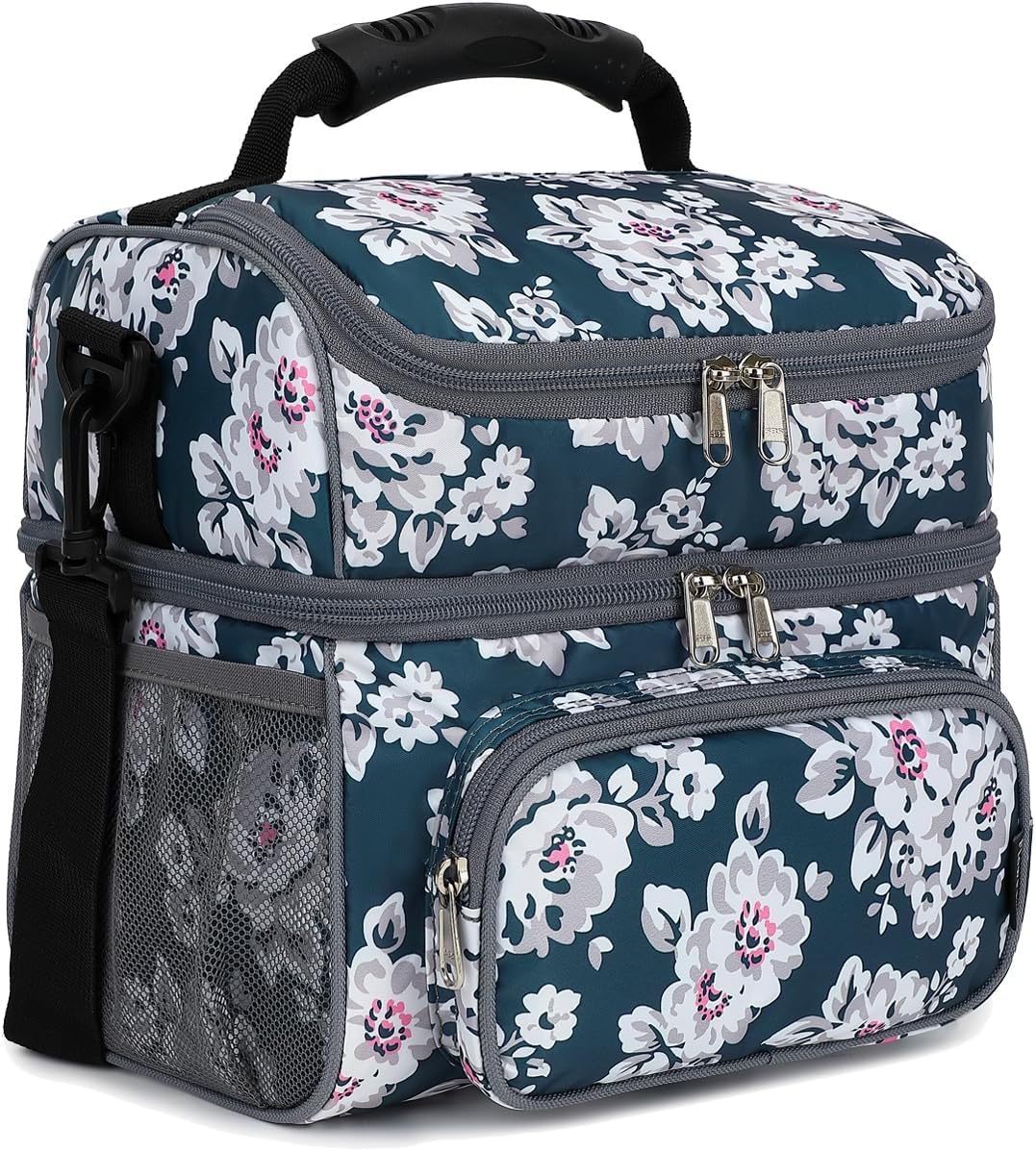 FlowFly Double Layer Cooler Insulated Lunch Bag Adult Lunch Box Large Tote Bag for Men, Women, With Adjustable Strap,Front Pocket and Dual Large Mesh Side Pockets