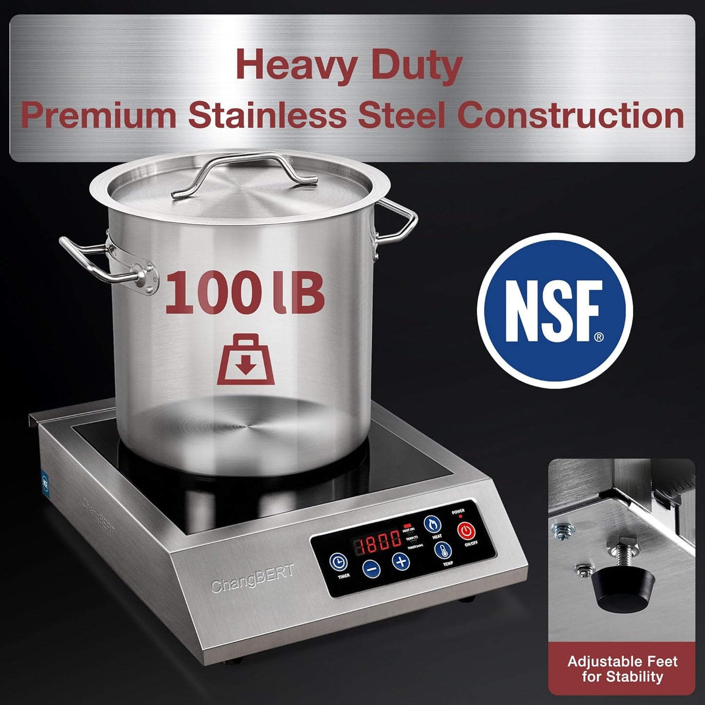 ChangBERT Portable Induction Cooktop 1800W NSF Certified Commercial Range Powerful Countertop Burner Pro Chef Professional Hot Plate Premium Stainless Steel Housing Schott Glass 10 Hours Timer