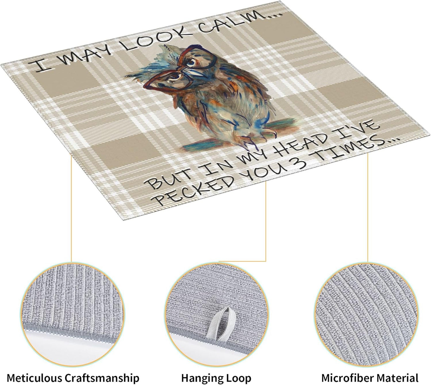 Funny Owl Dish Drying Mat for Kitchen Counter Cute Buffalo Plaid Drying Mat Washable Absorbent Reversible Microfiber Drying Pad Kitchen Accessories 16"x18"