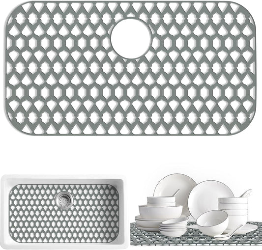 Sink Protectors for Kitchen Sink 19x14 & 21x16 & 26x14 & 28x14.4 & 30x16, Large Silicone Sink Mats Grid for Bottom of Farmhouse Stainless Steel Sink (30”x16”, Rear Drain)