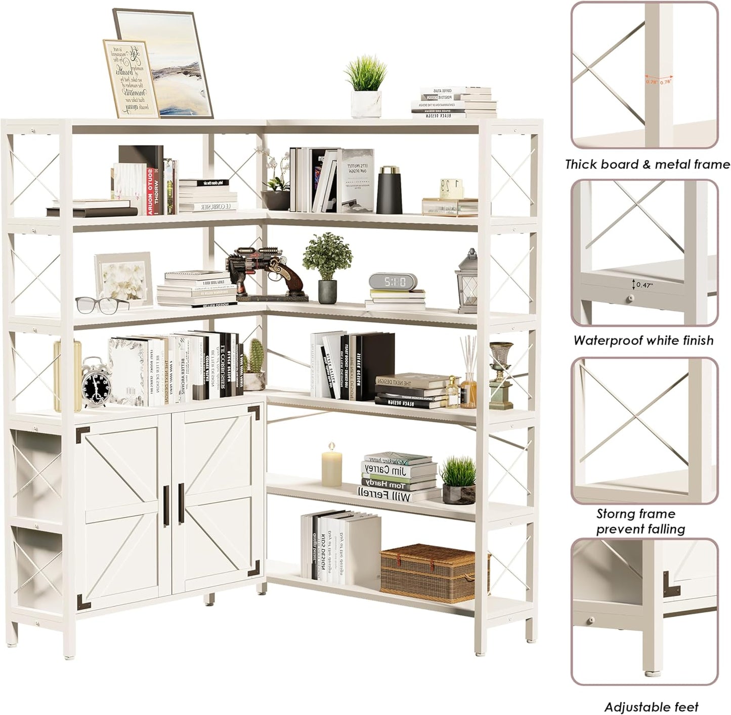 Corner Bookshelf 6 Tier, Large White Wooden Bookcase for Corner,Farmhouse Etagere L Shaped Book-Shelf with Metal Frame & Cabinet for Living Room Home Office