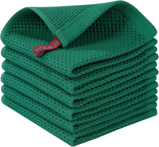 Homaxy 100% Cotton Waffle Weave Kitchen Dish Cloths, Ultra Soft Absorbent Quick Drying Dish Towels, 12 x 12 Inches, 6-Pack, Dark Green