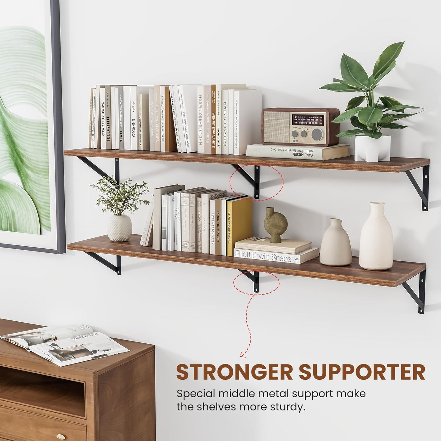 Heimlove 12 Inch Deep Floating Shelves for Wall, 48W x 12D Wood Wall Shelves Set of 2, Walnut Wide Floating Bookshelf for Living Room, Kitchen, Office, Bedroom, with Black Metal Bracke - Walnut