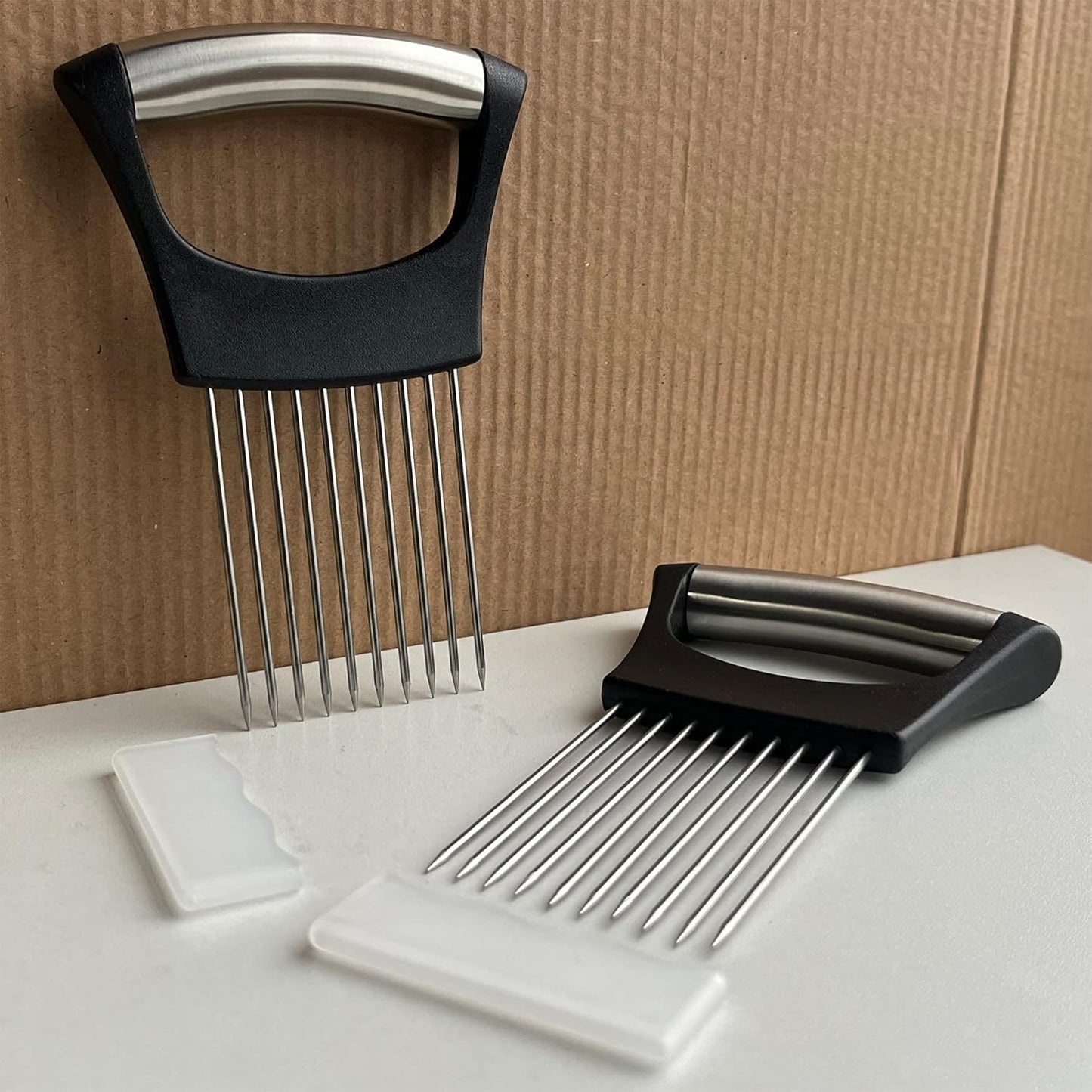 2 Pcs Onion Slicer holder, Premium Vegetable Slicing Tool for Potato and Tomato, Food Cutter Assistant Tool for Slicing Fruit Lemon and Meat, Stainless Steel Kitchen Tool (Black)