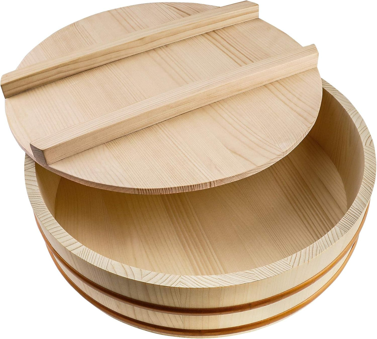 Kichgather Wooden Sushi Rice Bowl with Lid Hangiri Sushi Oke Sushi Rice Mixing Tub (10.6 “ with lid)