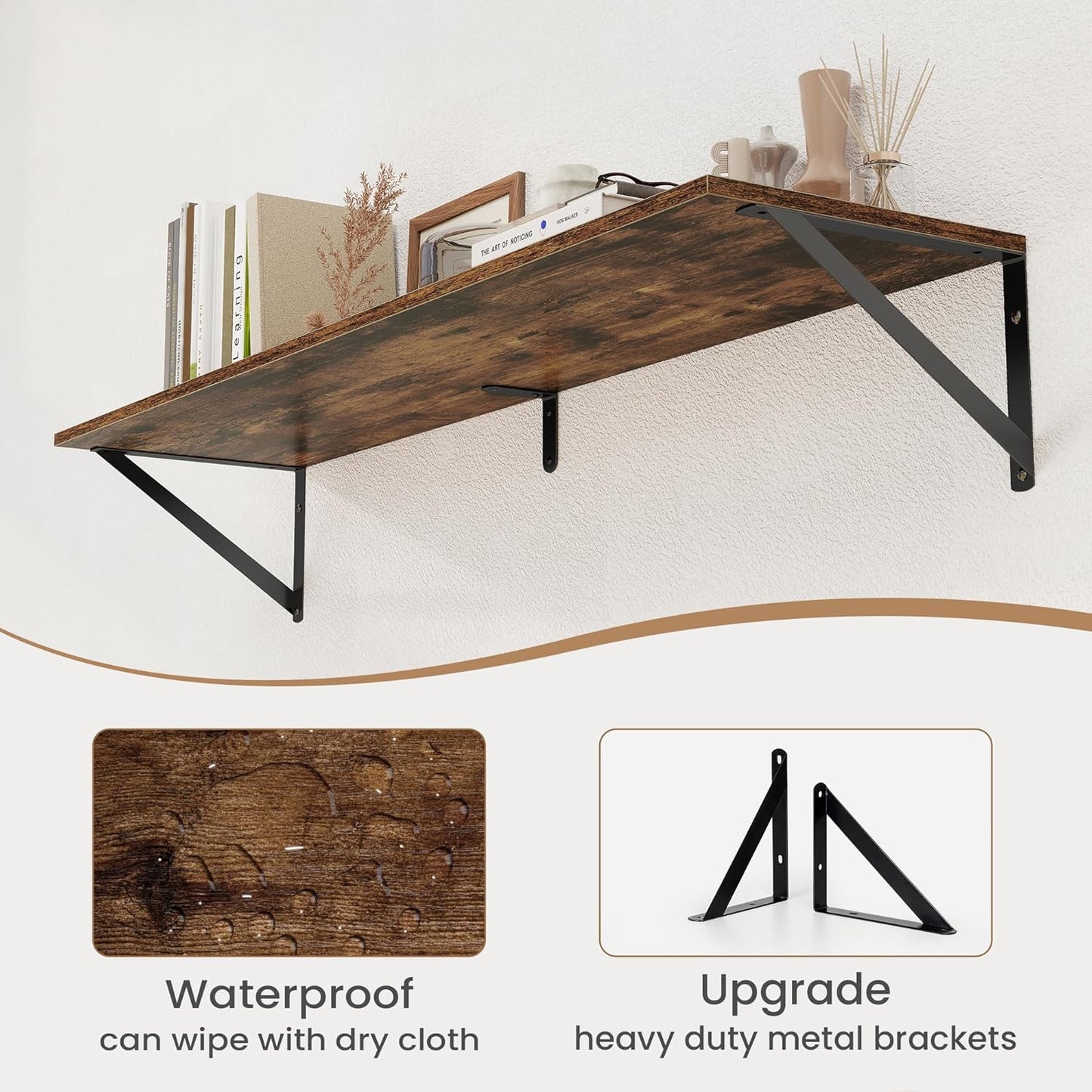 Heimlove Deep Floating Shelves for Wall, 40W x 8D Wood Wall Shelves Set of 2, Wide Floating Bookshelf for Living Room, Kitchen, Office, Bedroom and Decor Storage, with Metal Bracket - Rustic Brown