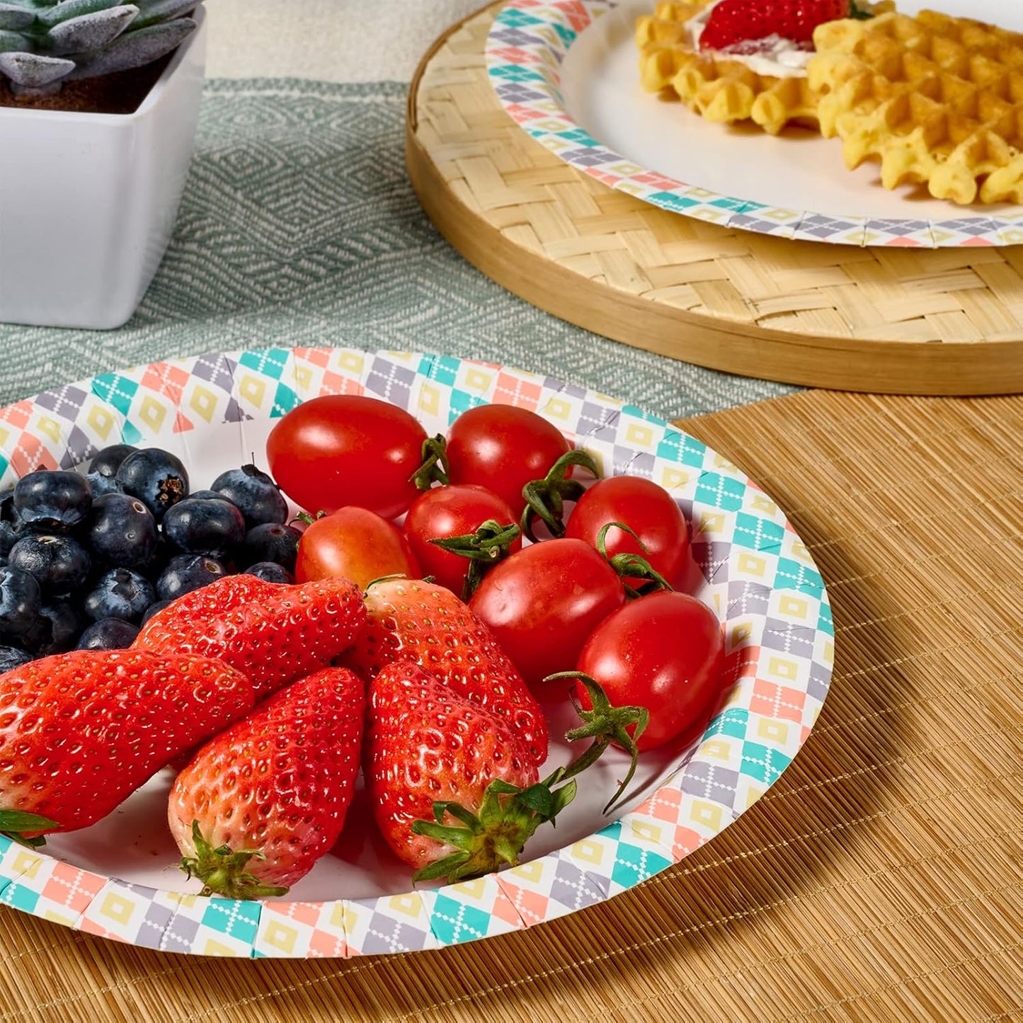 FOCUSLINE 360pack Paper Plates 8.375 Inch, Soak Proof Disposable Paper Plates for Everyday Use, 360 Count Plate with Color Checkered Design, Strong and Heavy Duty Round Plate