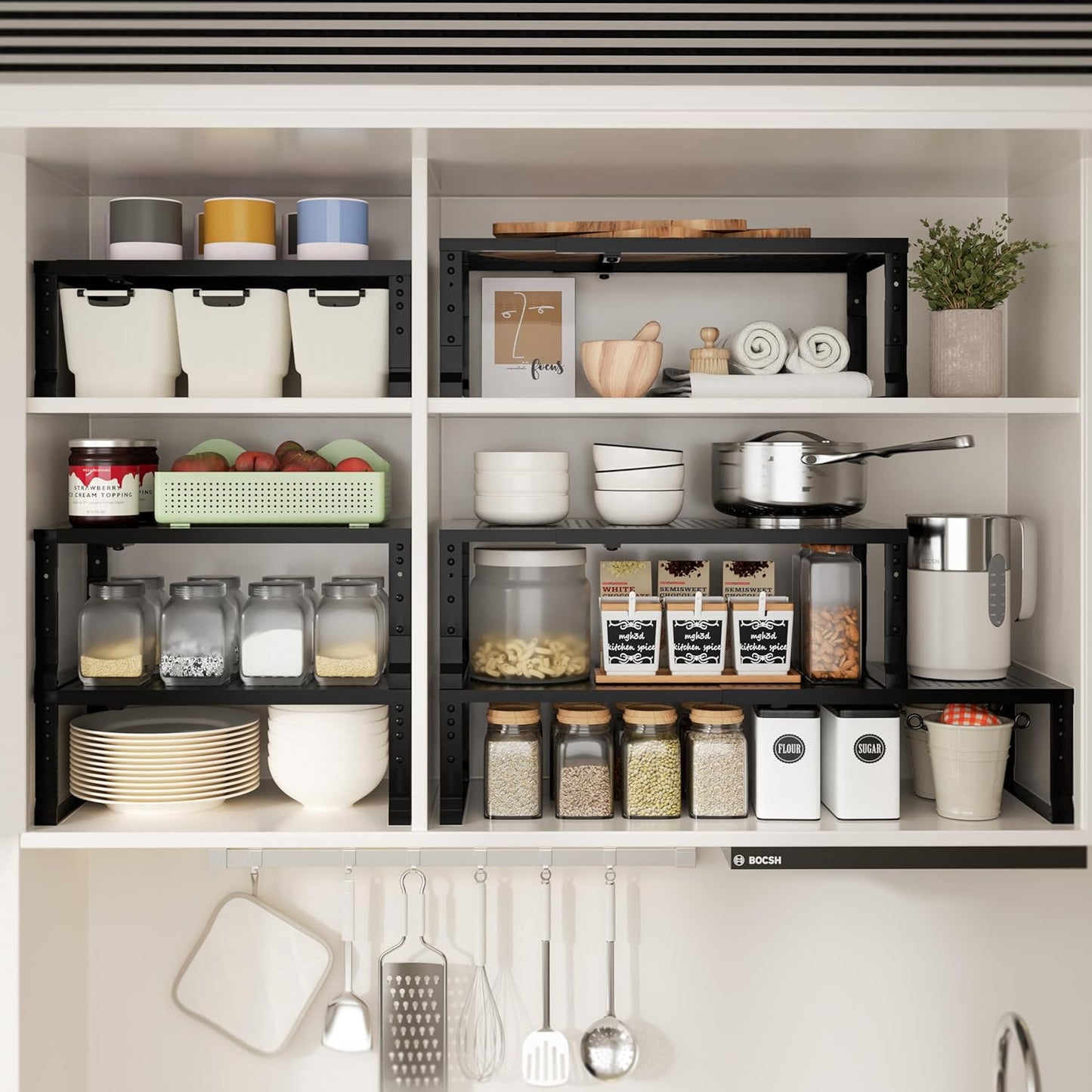 Expandable Spice Rack & Kitchen Cabinet Organizer - Stackable, Adjustable Shelves for Cabinets, Countertops, Cupboards & Pantries(1 Pack/Large/Black)