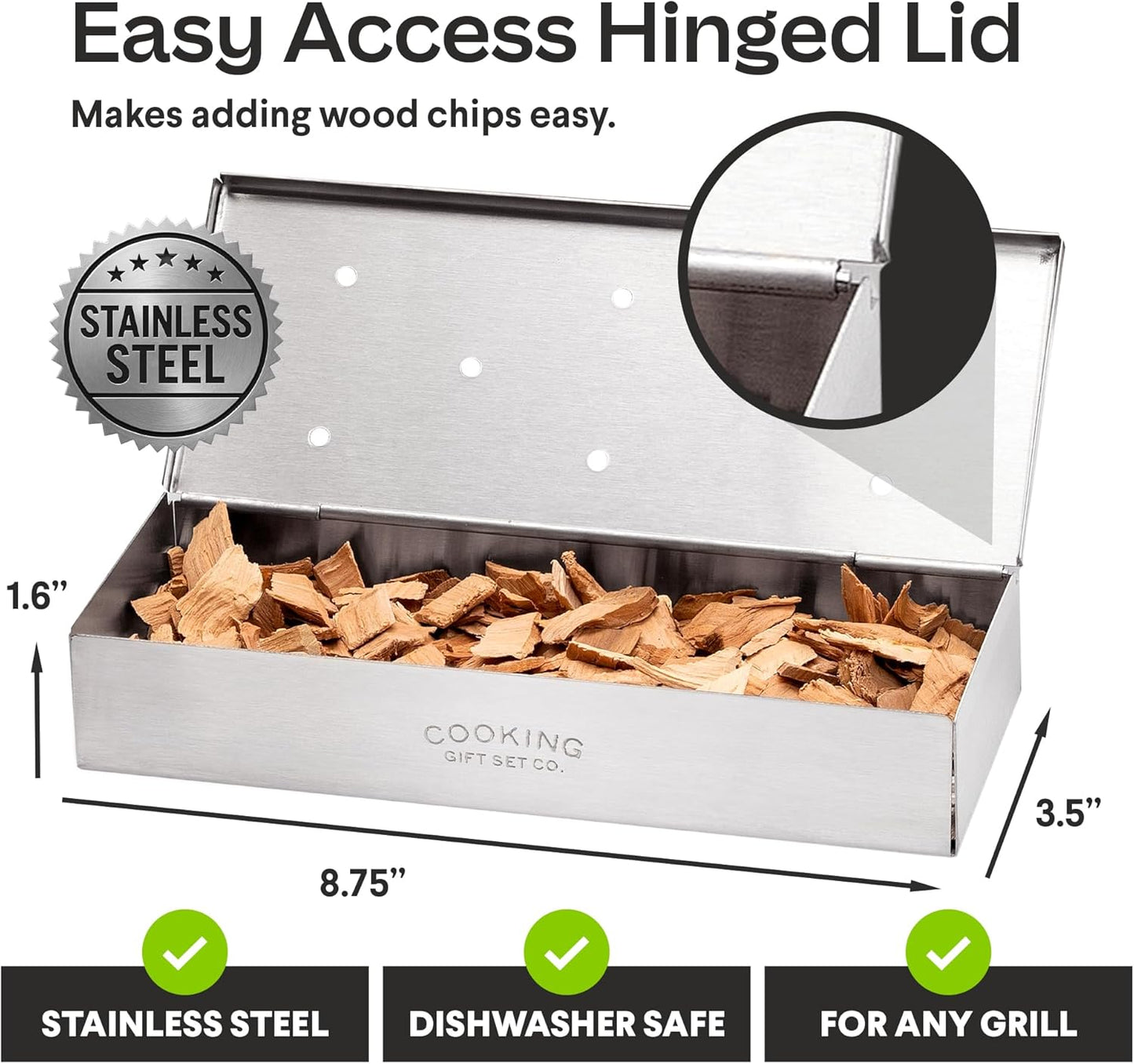 BBQ Smoker Box Kit – Stainless Steel Smoker with Hinged Lid, Apple Wood Chips, Hickory Salt – Grilling Accessories and Grilling Gifts for Men – Great Birthday Gifts for Men Who Love to BBQ