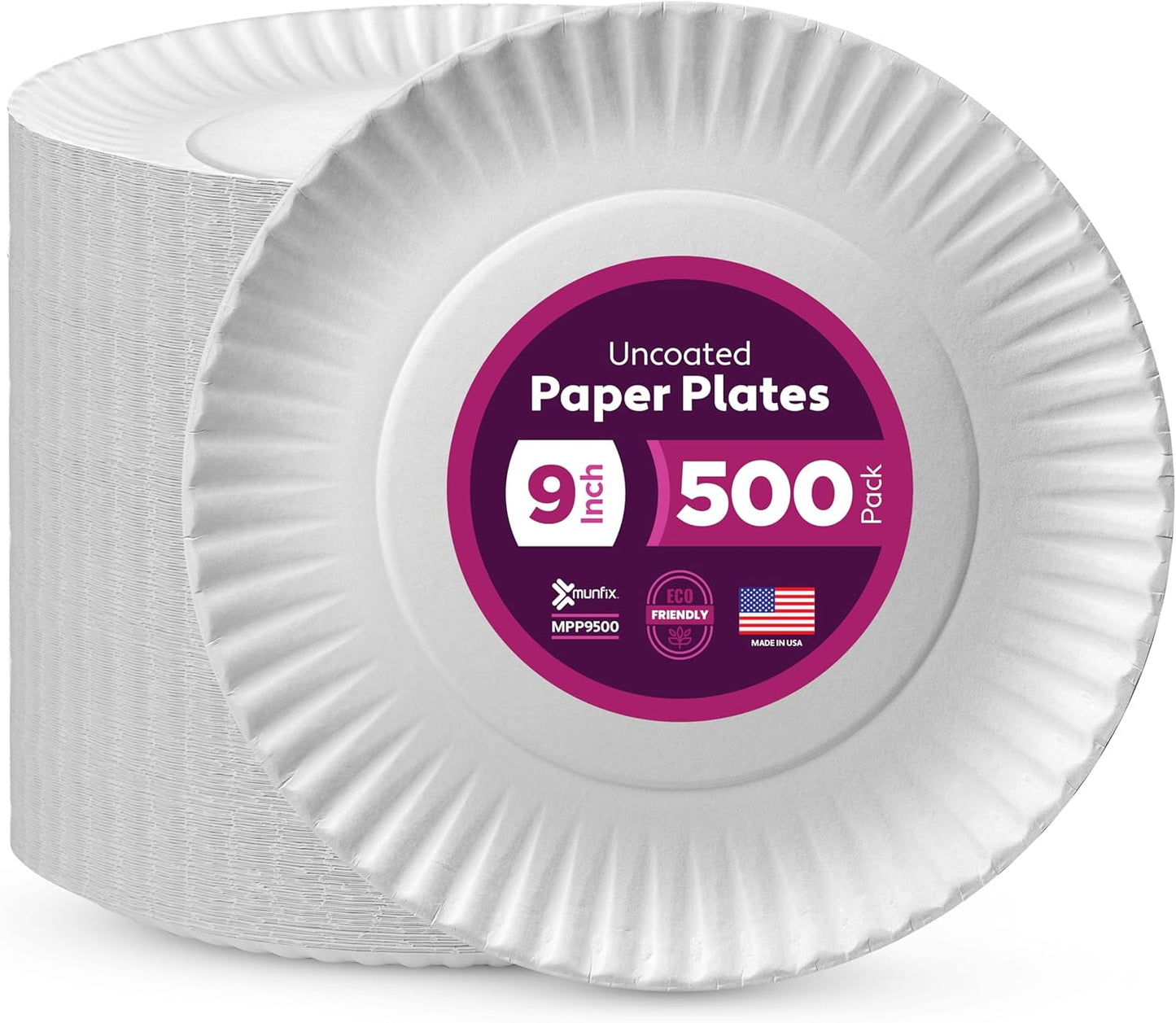 Munfix 500 Pack Uncoated Paper Plates 9 Inch, Everyday Disposable Plates, White Dinner Plates for BBQ Party, Picnics, Travel and Events, Microwavable Recyclable
