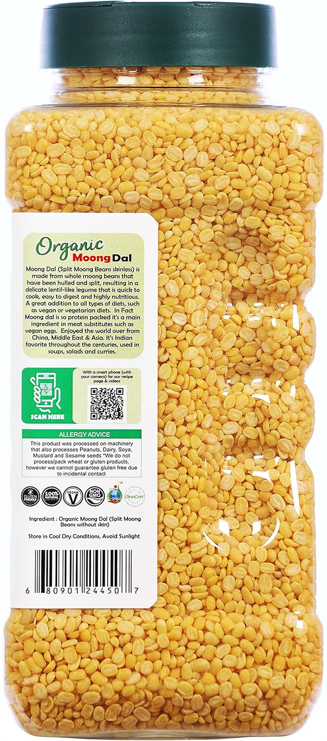 Rani Organic Moong Dal (Split Moong Beans Skinless) Indian Lentils 32oz (2lbs) 908g PET Jar ~ All Natural | Vegan | Gluten Friendly | NON-GMO | Indian Origin | USDA Certified Organic