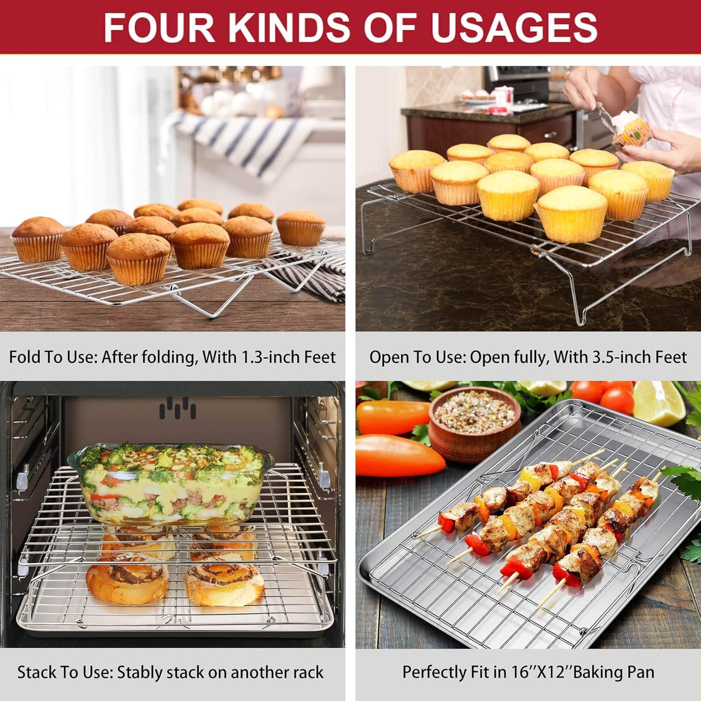 P&P CHEF 3-Tier Cooling Rack Set, Stackable Stainless Steel Baking Cooling Roasting Cooking Racks for Cake, Pastry, Bread, Meat, Bacon, Collapsible & Thick Wire, Oven Safe, 15" x10", Silver