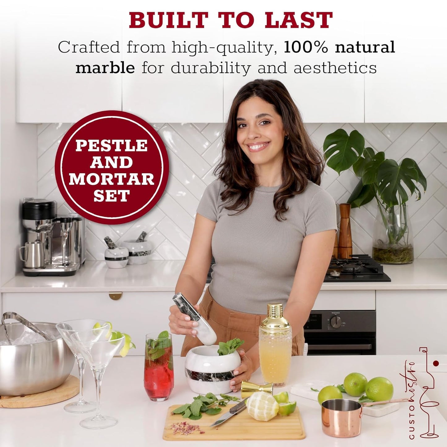 Gusto Nostro Natural Marble Mortar and Pestle Set | 6 Inch - 3.5 Cup Extra Large Mortar Pestle Set for Grinding Herbs, Nuts, Grains | Pesto Grinding and Guacamole Stone Bowl | Marble Spice Crusher