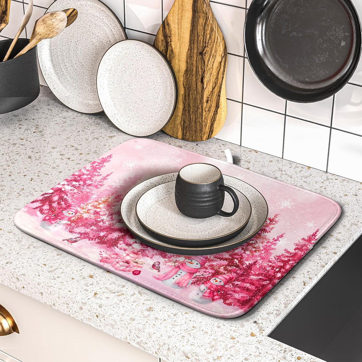 Pink Winter Dish Drying Mat Forest Washable Drying Matt Kitchen Counter Absorbent Coffee Mat for Women