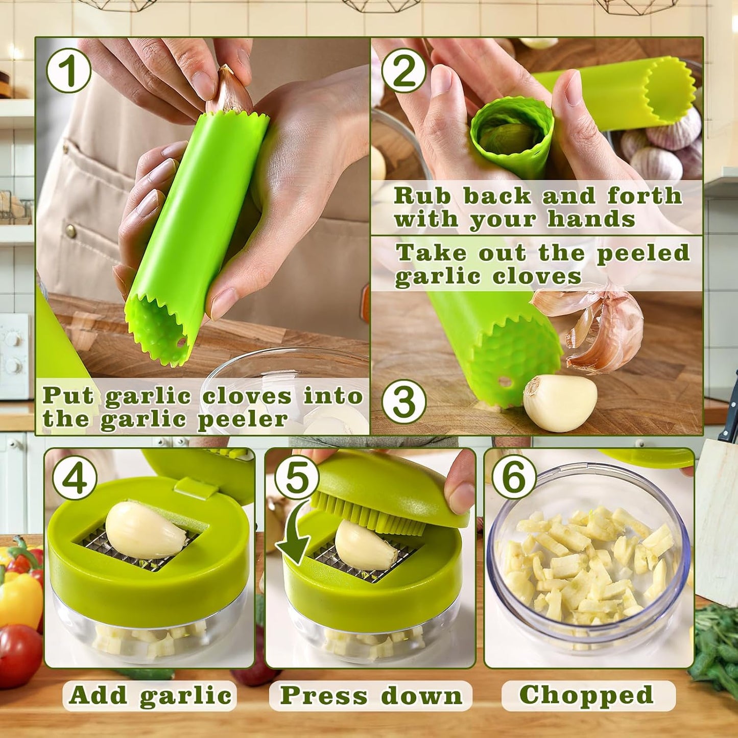 2 Pcs Garlic Press Stainless Steel, Garlic Mincer Crusher with Peeler and Cleaning Brush, Garlic Chopper Mini Kitchen Tool