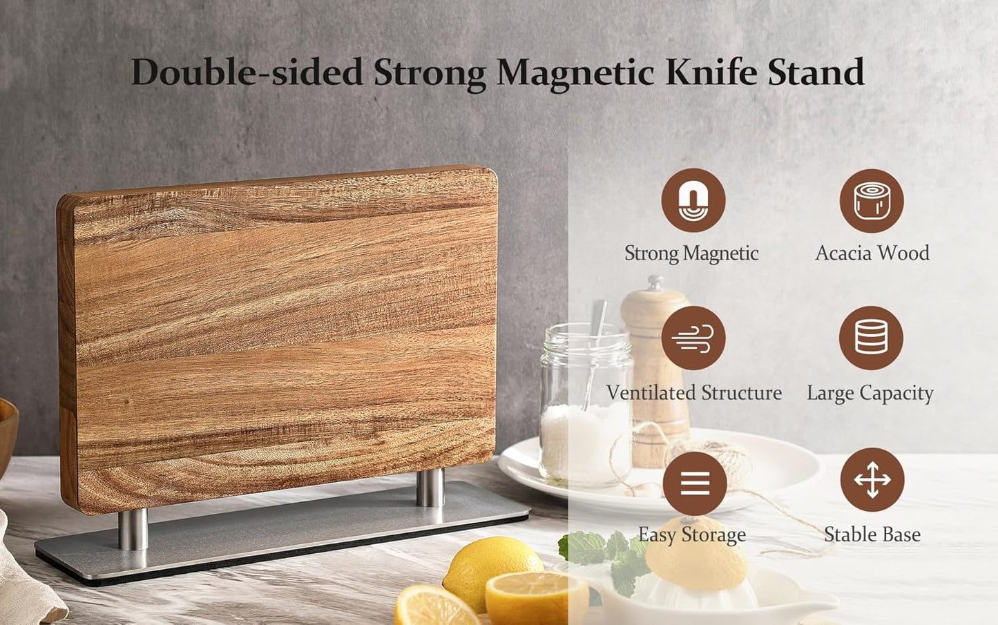 Strong Double Sided Magnetic Knife Block Without Knives, with Acacia Wood+430 Stainless Steel Base，Magnetic Universal Stands with Strong Enhanced Magnets Strip Kitchen Storage Cutlery Large Organizer