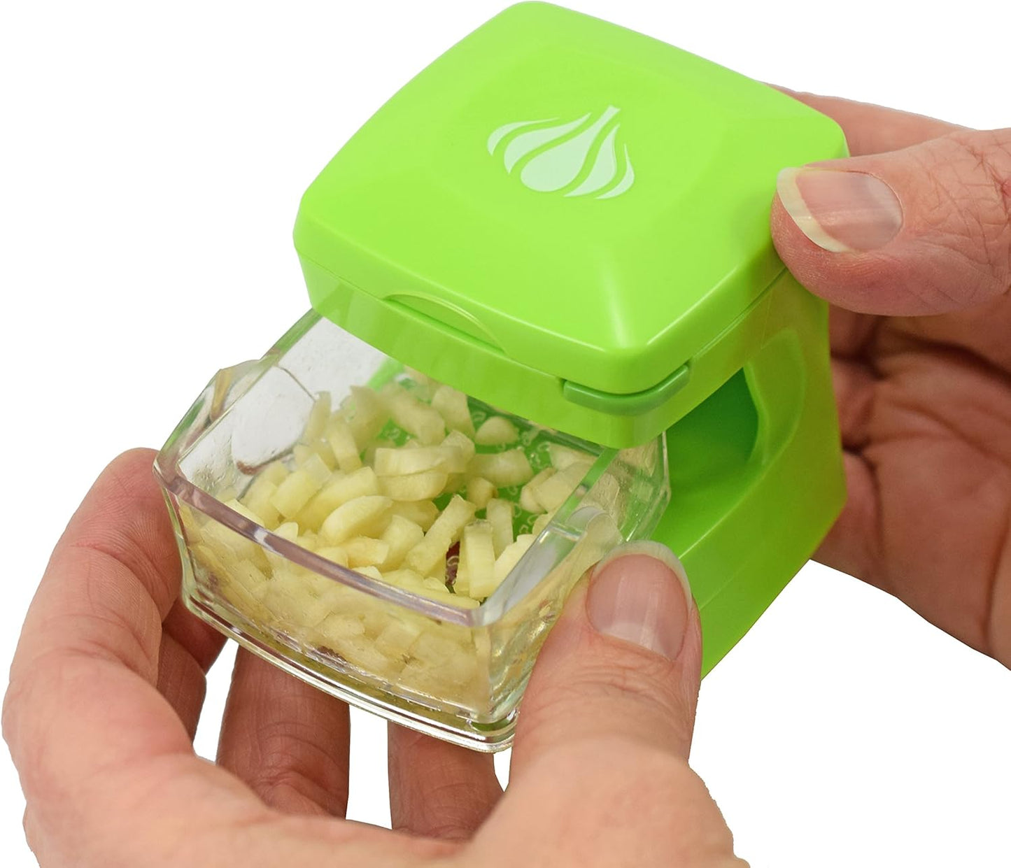 Garlic-A-Peel Garlic Press, Crusher, Cutter, Mincer, and Storage Container - Includes Silicone Garlic Peeler - Easy to Clean - Stainless Steel Blades – (Green), standard