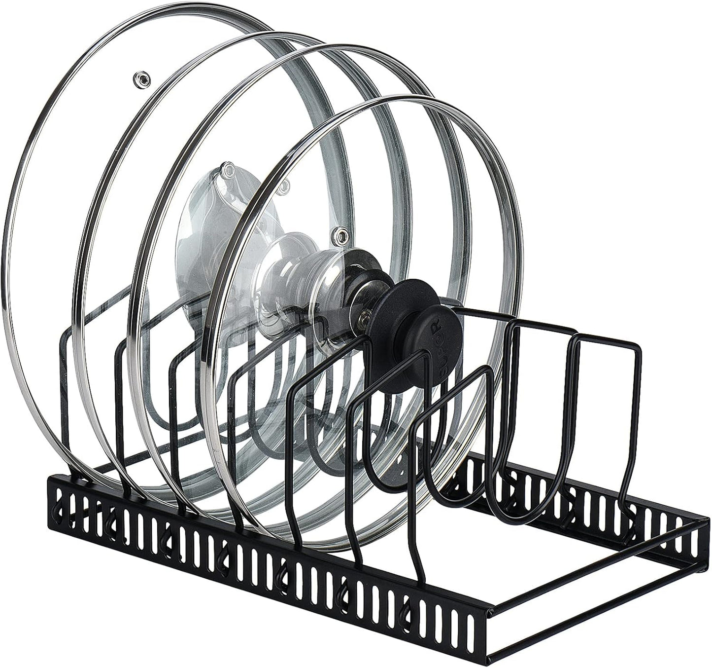 Toplife Pot Lids Organizer Rack for Cabinet and Countertop, 7+ Pan Lids and Bakeware Organizer Rack Holder with 7 Adjustable Compartments - Black