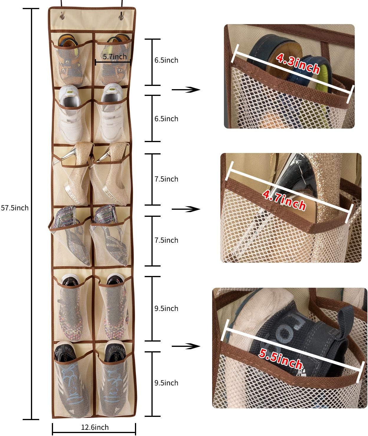 KEEPJOY Over The Door Shoe Organizer,Hanging Shoe Organizer 12 Mesh Pockets Shoe Organizer for Closet,Works Well for Men and Woman Kids Shoes Storage, 57.5×12.6inch(Beige)