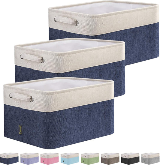 BALEINE 3 Pack Fabric Storage Bins for Shelves, Linen Storage Baskets for Organizing, Decorative Closet Bins for Clothes, Home (Navy Blue, 12"x8"x8")