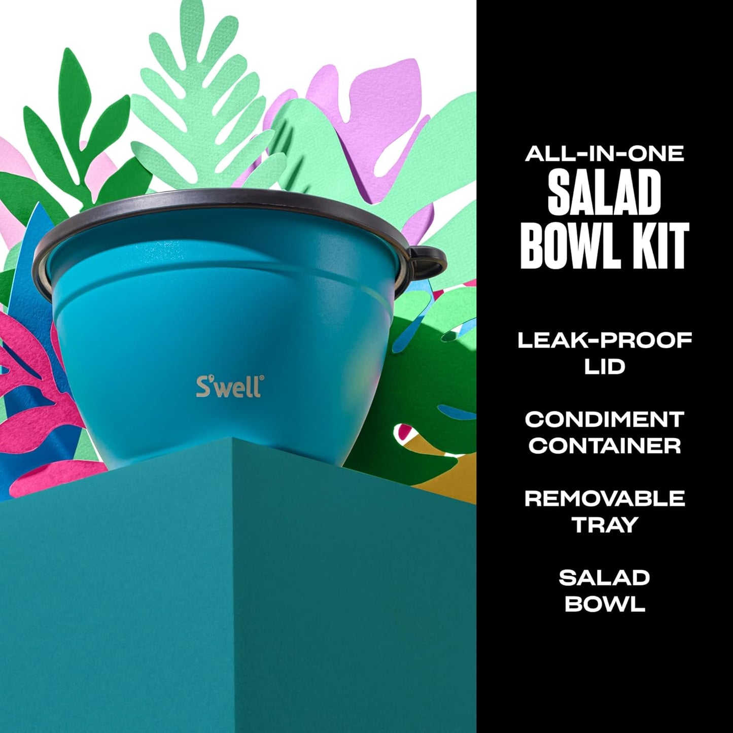 S'well Stainless Steel Salad Bowl Kit 64oz, Peacock Blue, Comes with 2oz Mini Canister and Removable Tray for Organization, Leakproof, Easy to Clean, Dishwasher Safe