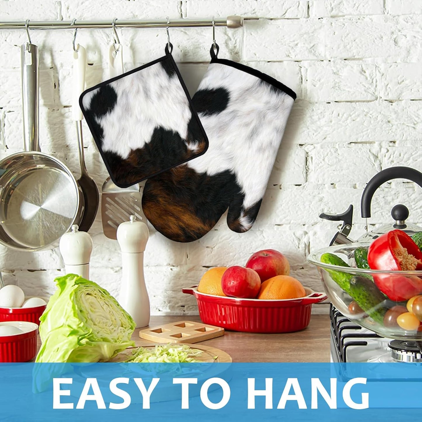 Brown Cowhide Oven Mitts and Pot Holders Sets Heat Resistant 4Pcs Potholders Oven Gloves Hot Pads for Kitchen Baking Cooking Grilling BBQ