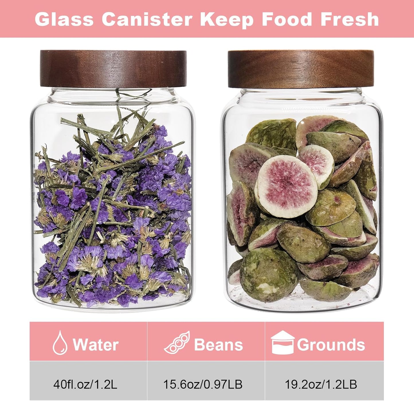 Glass Coffee Jars Spice Jar Round Storage Canister with Wooden Lid Clear Glass Food Jar for Pantry Sugar Tea Coffee Bean Spice Nuts Cookies Bath Salts (1200ml/40oz-2pack-A)