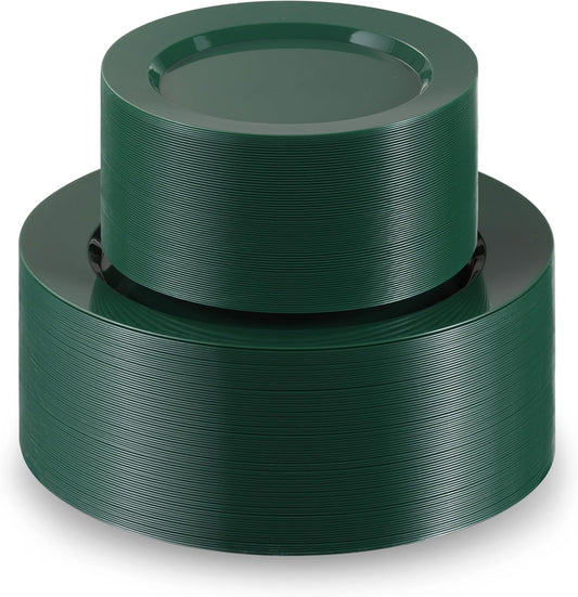 Munfix 100 Green Plastic Plates Set, 50 Pcs 10 Inch Dinner and 50 Pcs 7 Inch Dessert Plates, Elegant Fancy Heavy Duty Disposable Plates for Party, Wedding, Green