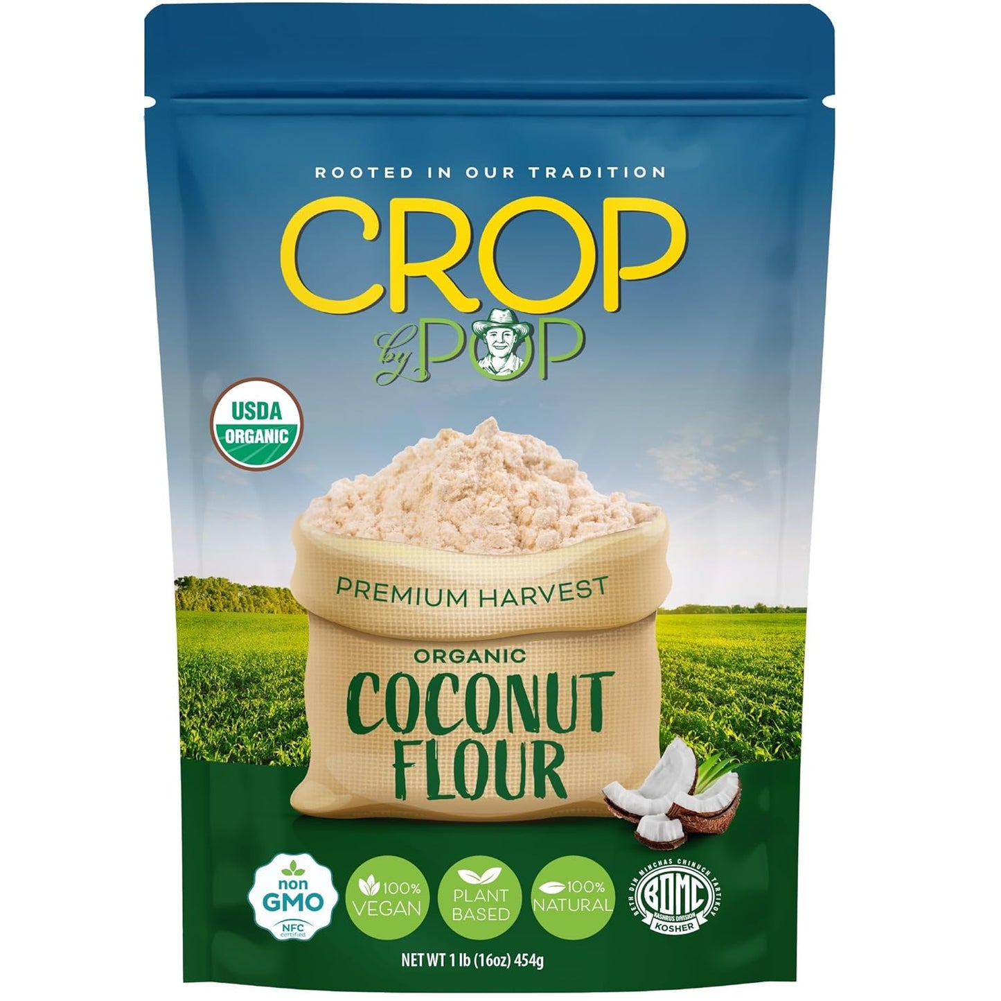 CROP BY POP - Organic Coconut Flour (16 Oz - 1 LB) Packed Fresh in Resealable Bag - USDA Organic, Non GMO - Naturally Grown, Vegan, Kosher