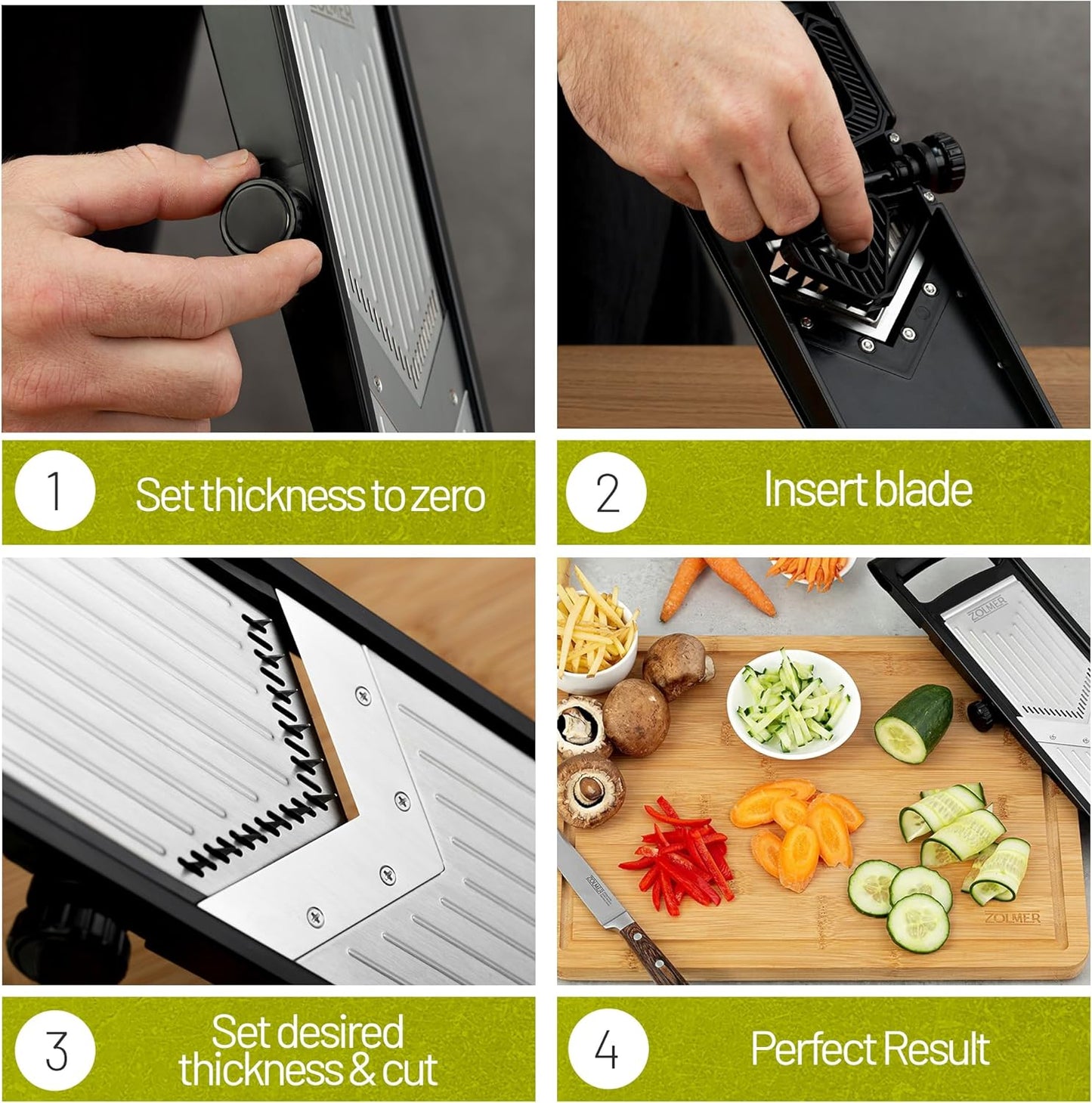 Professional Mandoline slicer for kitchen - Adjustable Vegetable Slicer with Two Extra-Sharp Julienne Blades - Veggie Slicer with Finger Guard and Collection Tray - Potato slicer, Cucumber Slicer