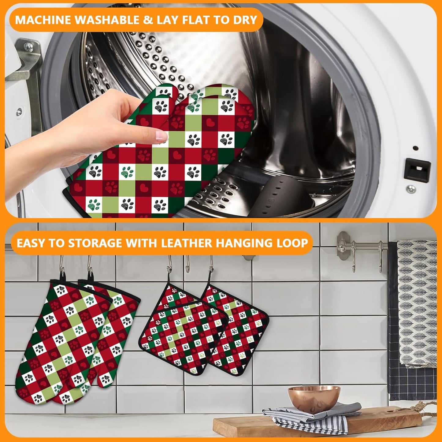 Red Green Dog paw Oven Mitts and Pot Holders Sets 4Pcs,Extra Long Oven Gloves Potholder for Kitchen Cooking Baking BBQ 100% Cotton Heat Resistant
