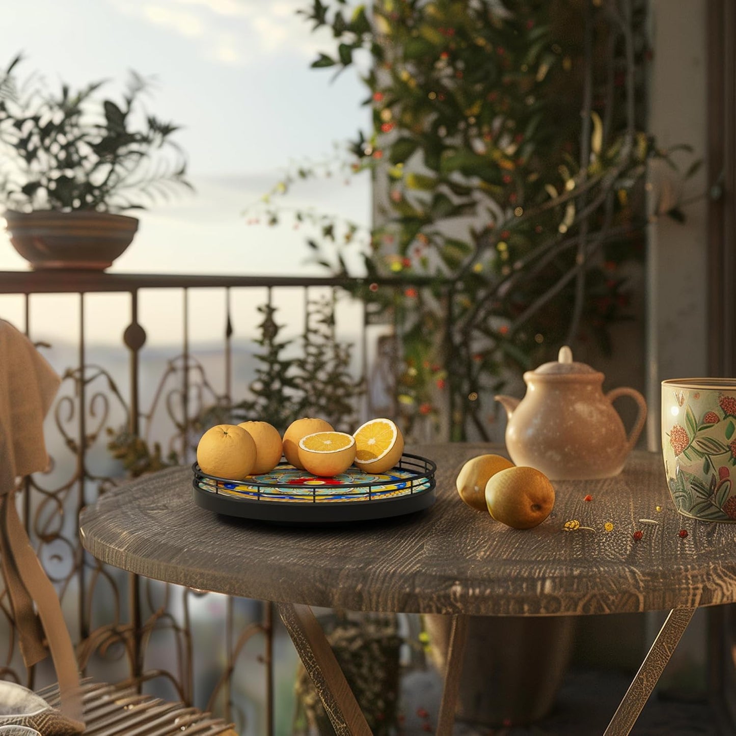 Decorative 3D Art Ceramic Lazy Susan for Table Top, 10.2" Boho Oak Wooden Lazy Susan Turntable Organizer for Dining Table Centerpiece Kitchen Countertop Coffee Table Decor Porcelain Tray Home Crafts