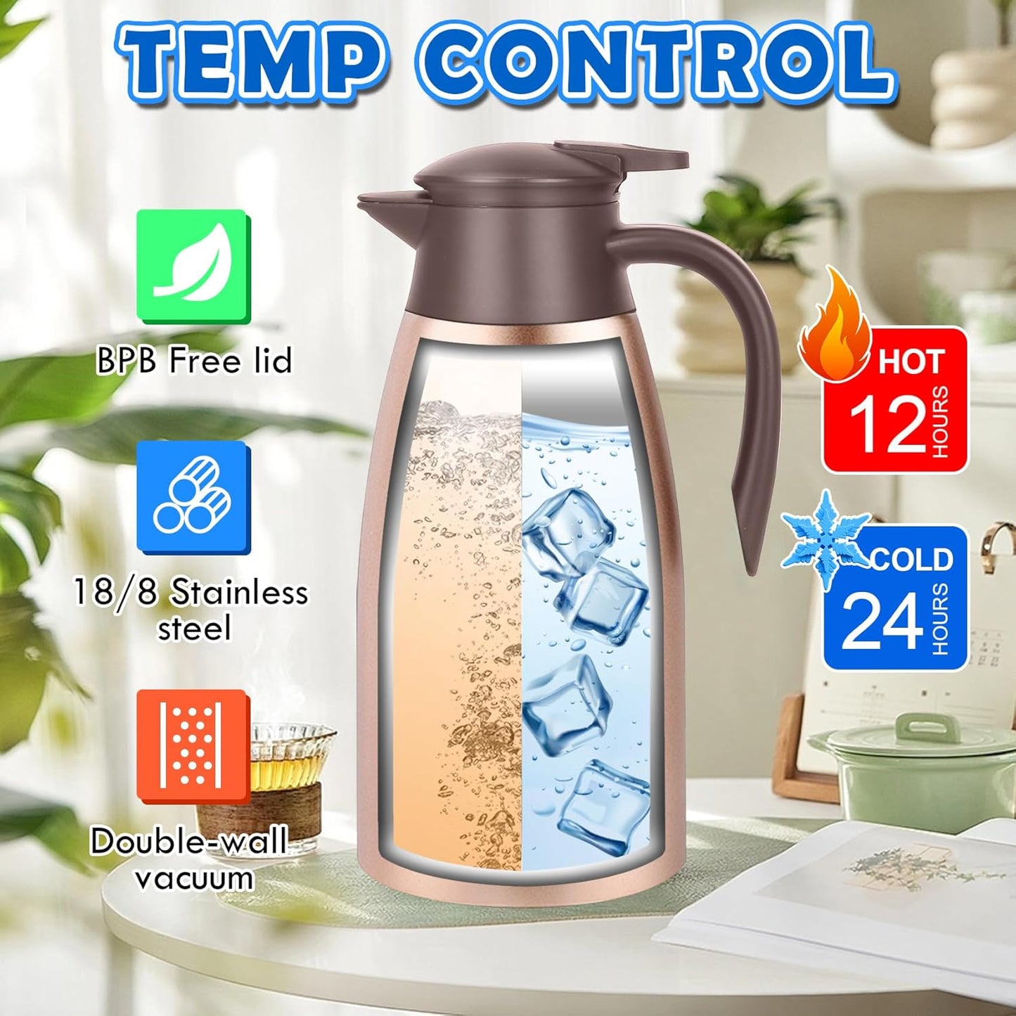 70oz Thermal Coffee Carafe, 2 Pack Airpot Insulated Coffee Urns Stainless Steel Vacuum Thermal Pot Dispenser for Coffee, Hot Water, Tea, Hot Beverage - Keep 12 Hours Hot, 24 Hours Cold (Rose)