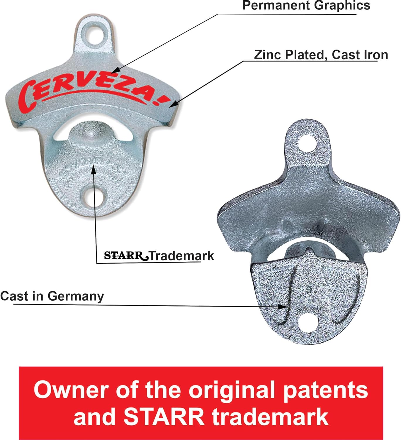 STARR "X" Cerveza Wall Mounted Bottle Opener | Classic Beer Bottle Opener for Home Bar, Kitchen, Patio, or Man Cave | Easy Cap Removal, Zinc Plated Cast Iron