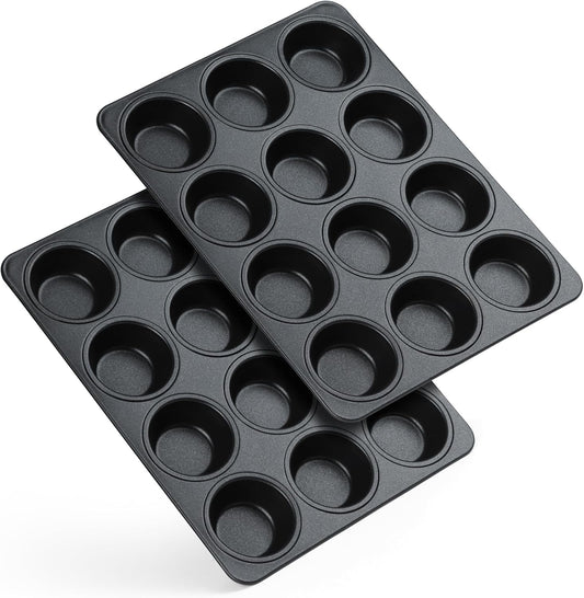 E-far Nonstick Muffin Pan 12 Cups Set of 2, Stainless Steel Muffin Tin Cupcake Pan Tray for Baking, Stainless Steel Core & Non Toxic, Easy Release & Easy Clean, Black