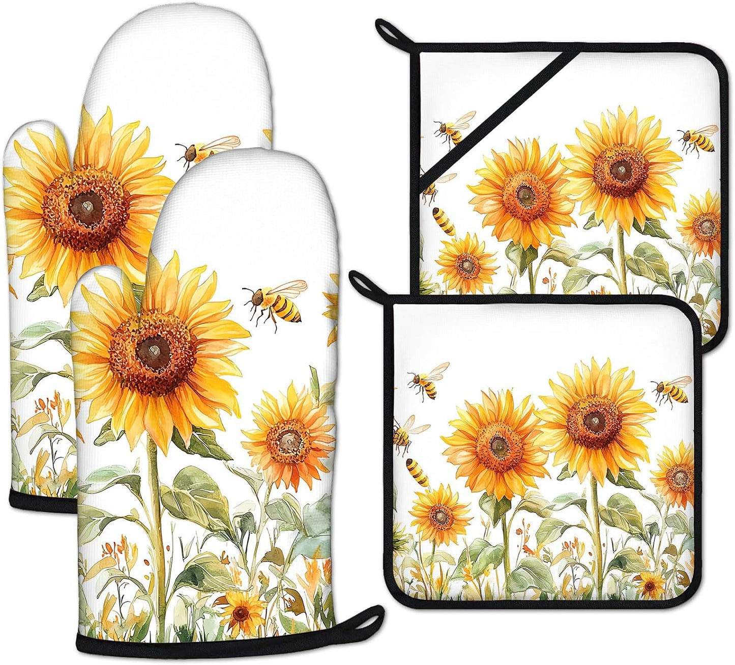 Watercolor Sunflower Oven Mitts and Pot Holders Sets Heat Resistant 4Pcs Busy Bee Potholders Oven Gloves Hot Pads for Kitchen Baking Cooking Grilling BBQ