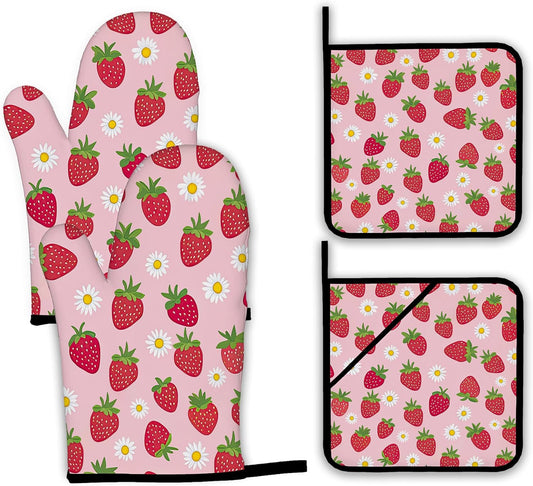 Cute Strawberry Oven Mitts and Pot Holders,Daisy Heat Resistant Oven Mitts Gloves and Pot Holder for Home Kitchen Decorations Cooking Baking BBQ Gifts,Set of 4