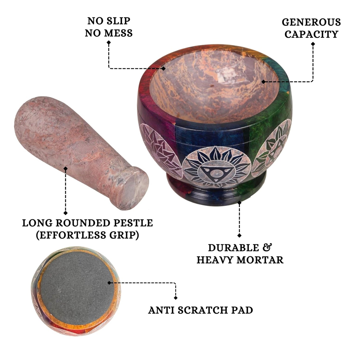 Mortar and Pestle, Made of Heavy Duty Polished Hard Stone, Natural Stone Grinder for Spices, Pastes, Herbs, Seasoning etc. (Rainbow)