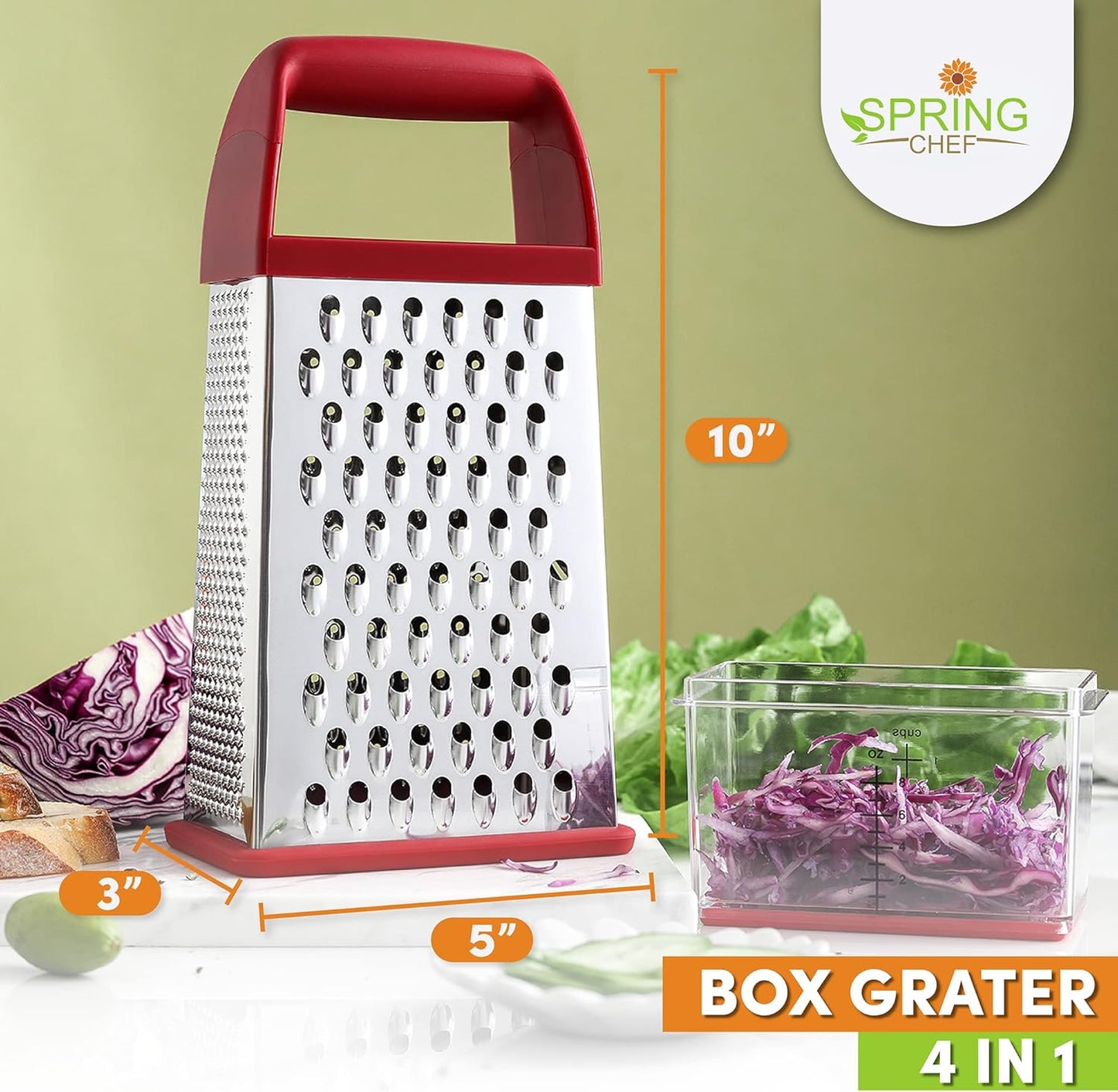 Spring Chef Professional Red 10" Parmesan Cheese Grater With Container, Stainless Steel & Soft Grip Handle, 4 Sided Kitchen Carrot Shredder, Handheld Box Grater for Potato, Veggie, Ginger, Hashbrown