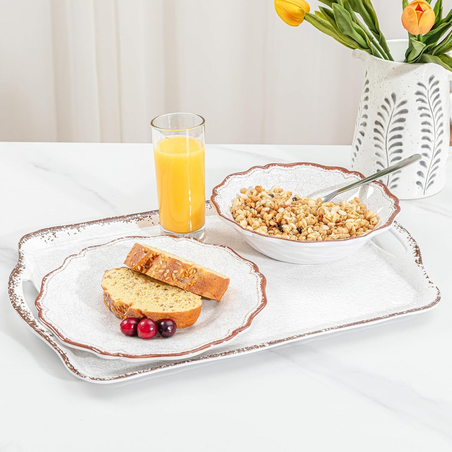 LEHAHA Vintage White Large Serving Tray with Handles, 17.25x12 inch, Set of 2 Melamine Platters for Serving Food, Turkey, Cookie, Rectangular Trays for Eating, Crackled Finish with Rustic Raised Rim.