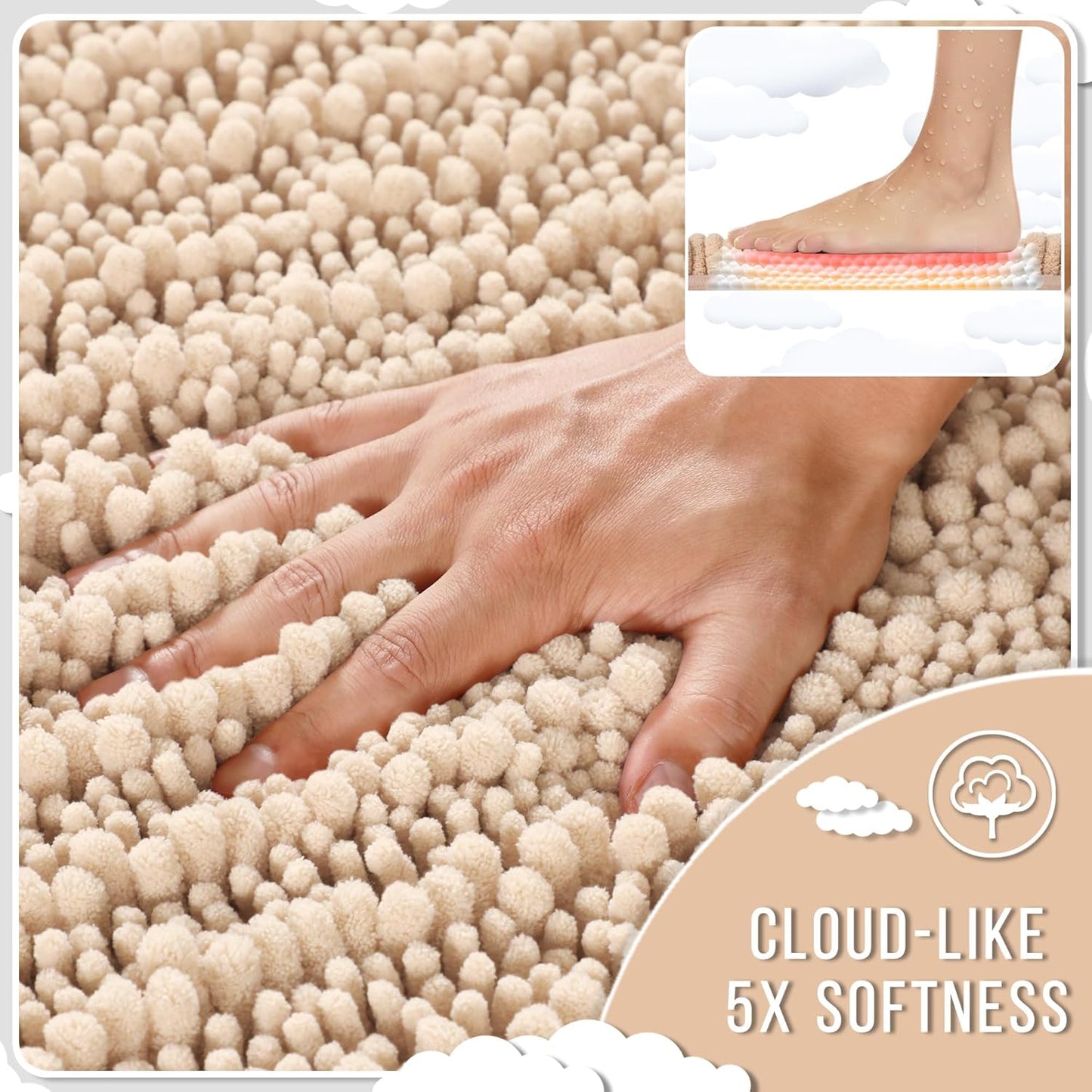 Yimobra Long Bathroom Rugs Non Slip Washable 44x24 Inch - Ultra Soft Absorbent Polyester Bath Mat, Quick Dry Shaggy Floor Carpet for Tub Shower, Light Brown Home Decor Accessories