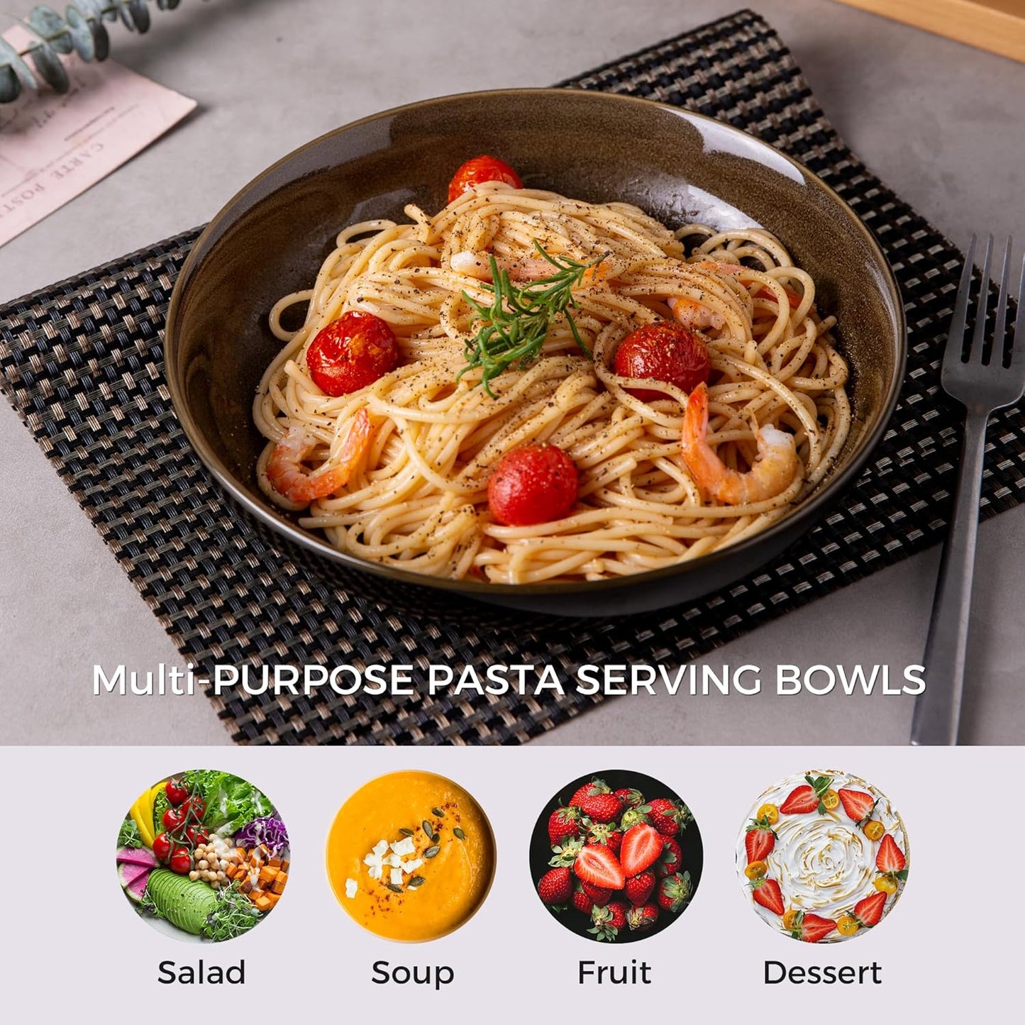 LERATIO Large Pasta Bowls,38oz Ceramic Pasta Bowls,9.0" Reactive Glaze Pasta Bowl Set of 6,Microwave & Dishwasher,Oven Safe,Wide Serving Bowls for Salad,Pasta,Fruit,Scratch Resistant-Coffee