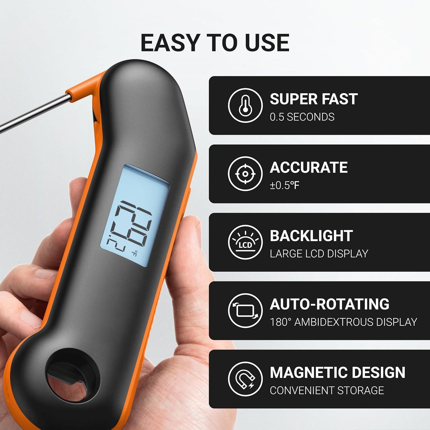 Professional Meat Thermometer, Instant Read in 0.5 Sec, NIST Certified Accuracy ±0.5°F, IP67 Waterproof, Ambidextrous Backlight, Auto-Rotating Display, for BBQ/Grill/Cooking, Black&Orange