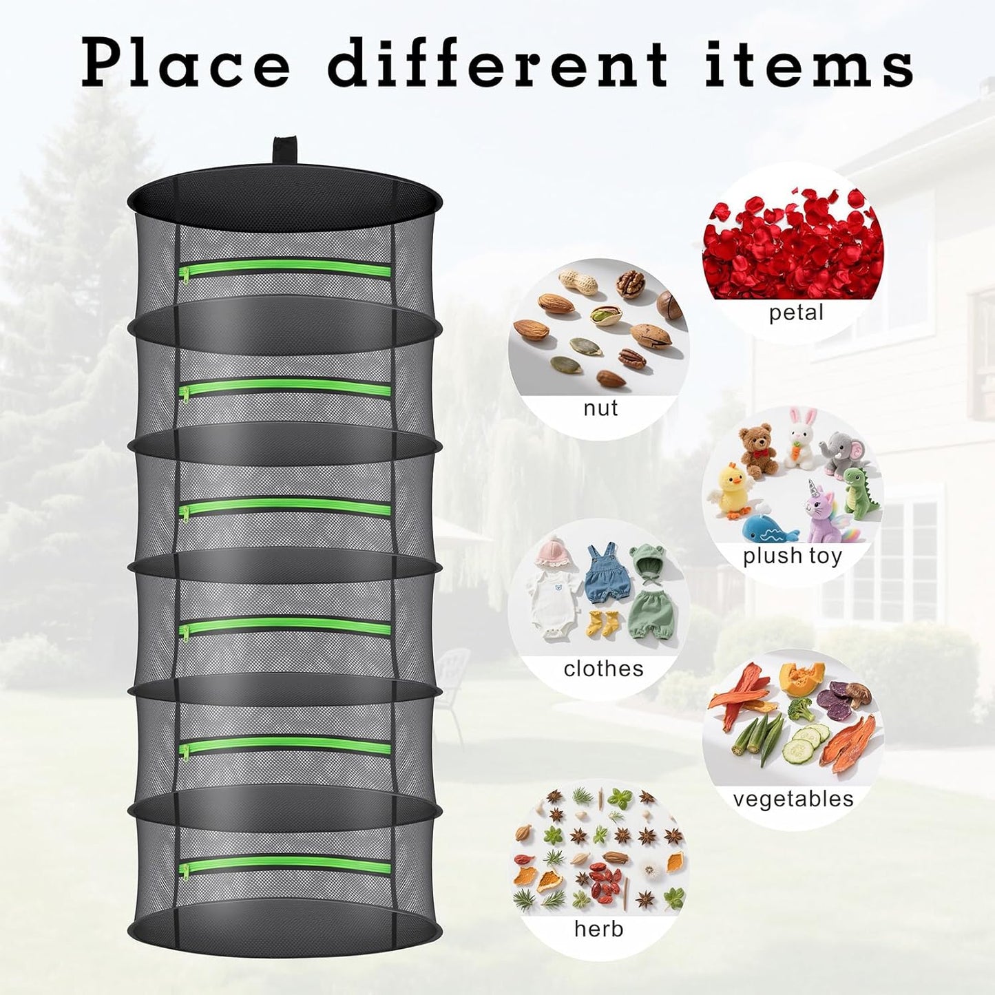 Herb Drying Rack with Mesh Design - Hanging Herb Dryer with Green Zipper for Garden, Home, Indoor or Outdoor Use (4layer)